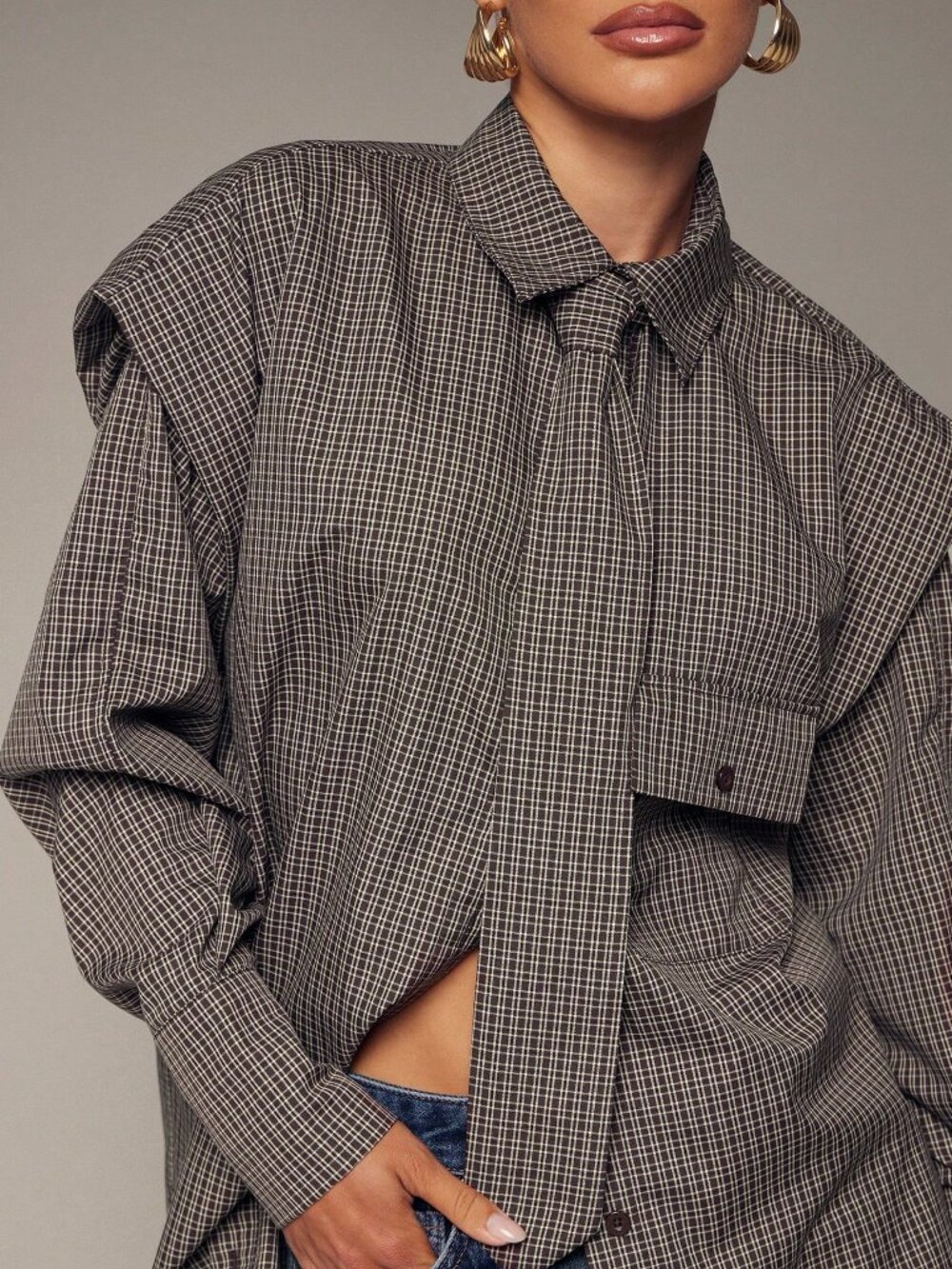 Coffee Brown Casual Women's Plaid Drop Sleeve Shirt - Picture 4 of 5